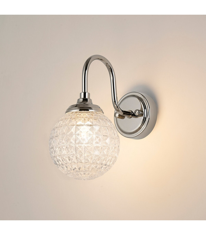 Richmond Curved Arm Wall Light 1 Light G9 IP44 Polished Nickel/Clear Cross Pattern Round Glass-3