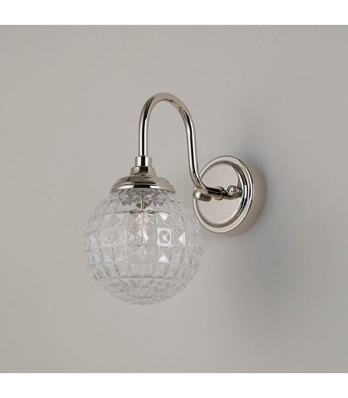 Richmond Curved Arm Wall Light 1 Light G9 IP44 Polished Nickel/Clear Cross Pattern Round Glass-7