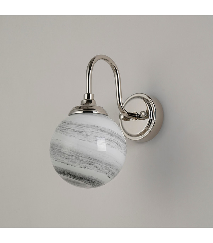 Richmond Curved Arm Wall Light 1 Light G9 IP44 Polished Nickel/Grey/White Round Marble Effect Glass-7