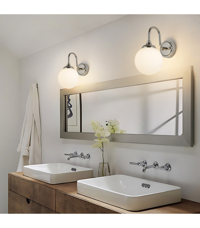 Richmond Curved Arm Wall Light 1 Light G9 IP44 Polished Nickel/Opal Smooth Round Glass-4
