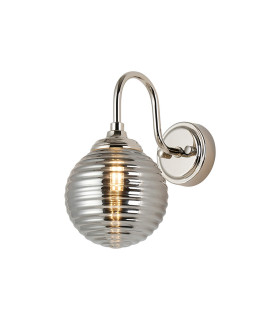 Richmond Curved Arm Wall Light 1 Light G9 IP44 Polished Nickel/Smoke Ribbed Round Glass-1