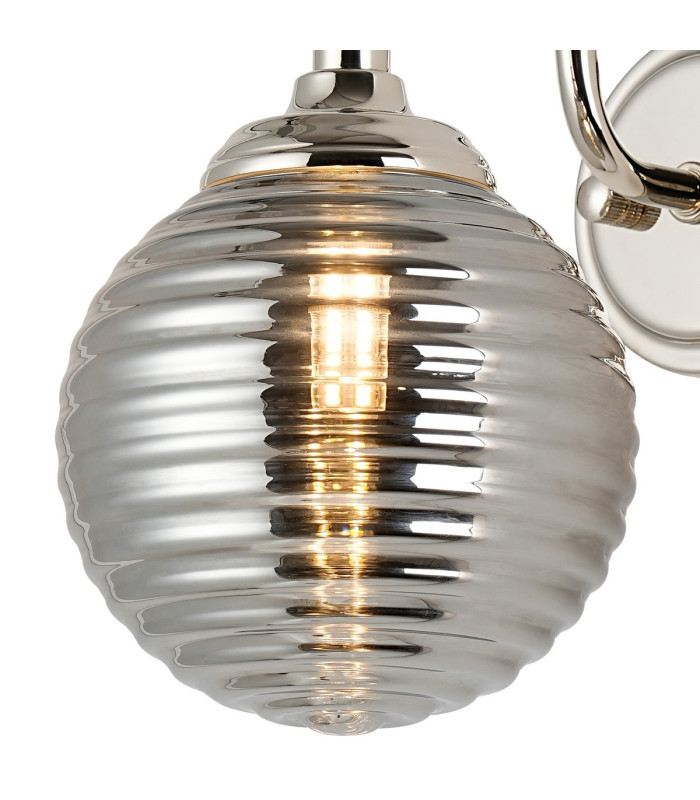 Richmond Curved Arm Wall Light 1 Light G9 IP44 Polished Nickel/Smoke Ribbed Round Glass-6