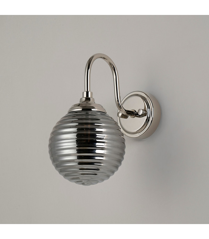Richmond Curved Arm Wall Light 1 Light G9 IP44 Polished Nickel/Smoke Ribbed Round Glass-7