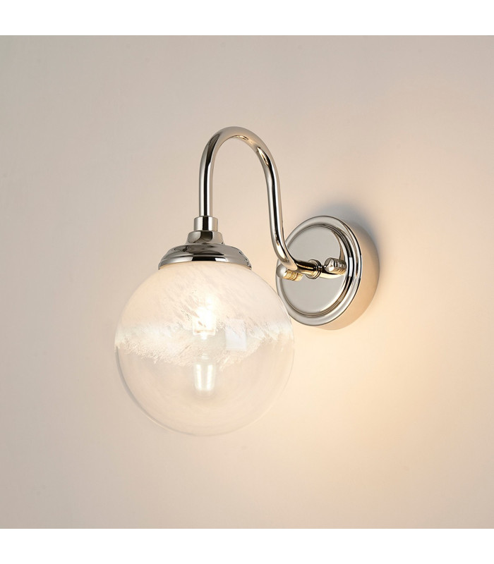 Richmond Curved Arm Wall Light 1 Light G9 IP44 Polished Nickel/White Two-Tone Snow Specks Round Glass-3