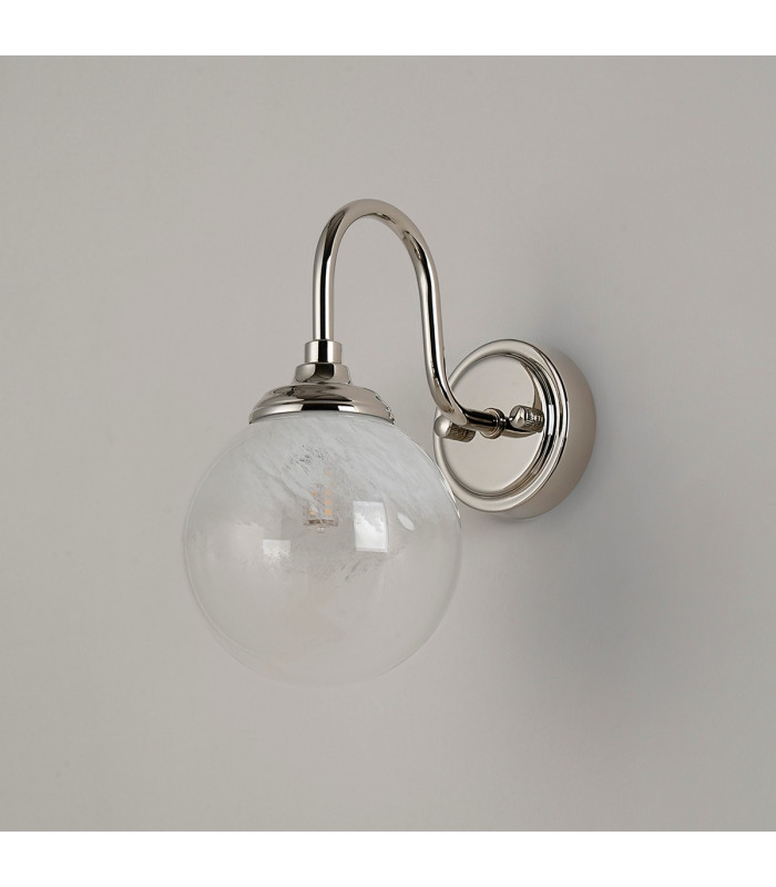 Richmond Curved Arm Wall Light 1 Light G9 IP44 Polished Nickel/White Two-Tone Snow Specks Round Glass-7