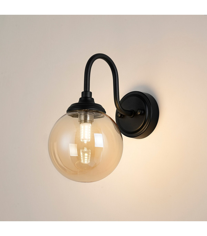 Richmond Curved Arm Wall Light 1 Light G9 IP44 Satin Black/Amber Smooth Round Glass-3