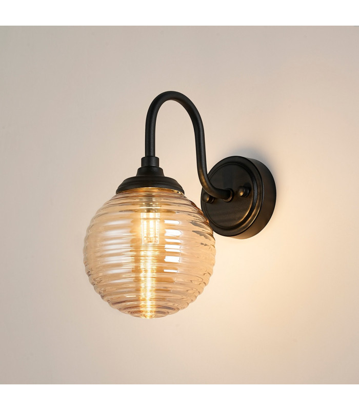 Richmond Curved Arm Wall Light 1 Light G9 IP44 Satin Black/Amber Ribbed Round Glass-3