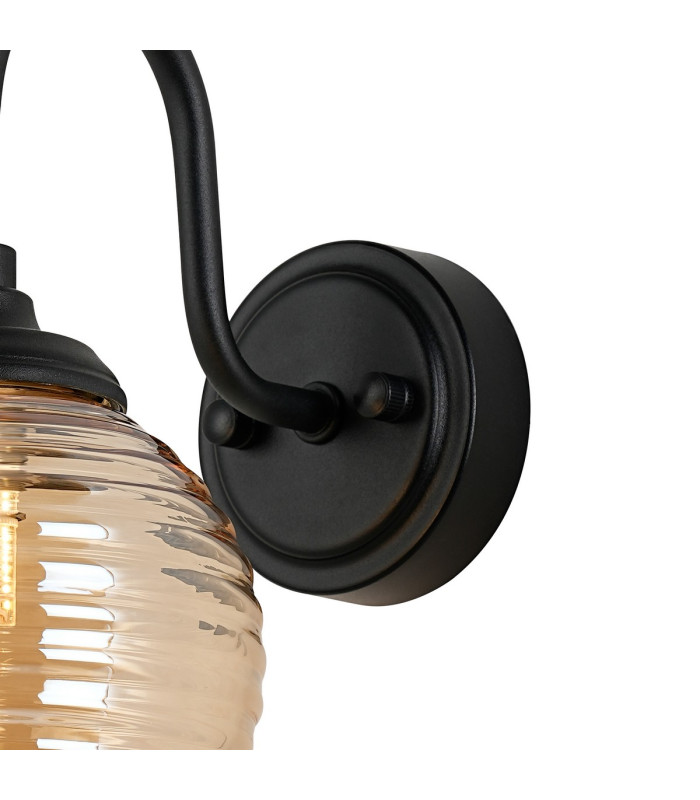 Richmond Curved Arm Wall Light 1 Light G9 IP44 Satin Black/Amber Ribbed Round Glass-5