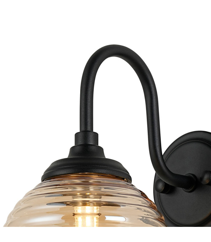 Richmond Curved Arm Wall Light 1 Light G9 IP44 Satin Black/Amber Ribbed Round Glass-6