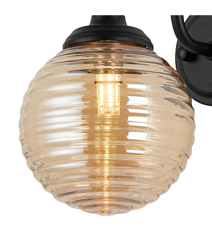 Richmond Curved Arm Wall Light 1 Light G9 IP44 Satin Black/Amber Ribbed Round Glass-7