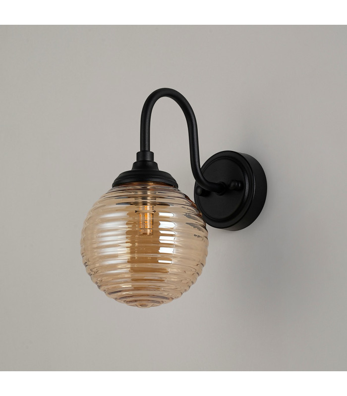 Richmond Curved Arm Wall Light 1 Light G9 IP44 Satin Black/Amber Ribbed Round Glass-8