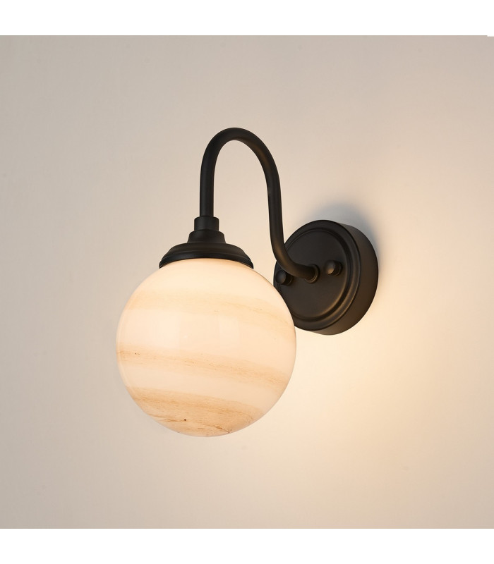 Richmond Curved Arm Wall Light 1 Light G9 IP44 Satin Black/Brown/White Round Marble Effect Glass-3
