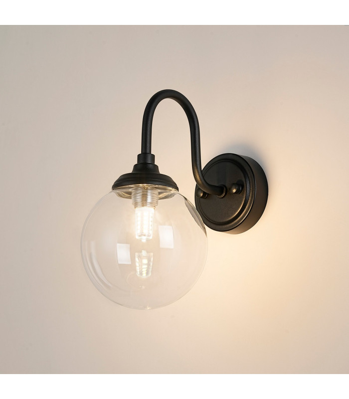 Richmond Curved Arm Wall Light 1 Light G9 IP44 Satin Black/Clear Smooth Round Glass-3