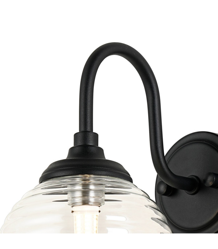 Richmond Curved Arm Wall Light 1 Light G9 IP44 Satin Black/Clear Ribbed Round Glass-4