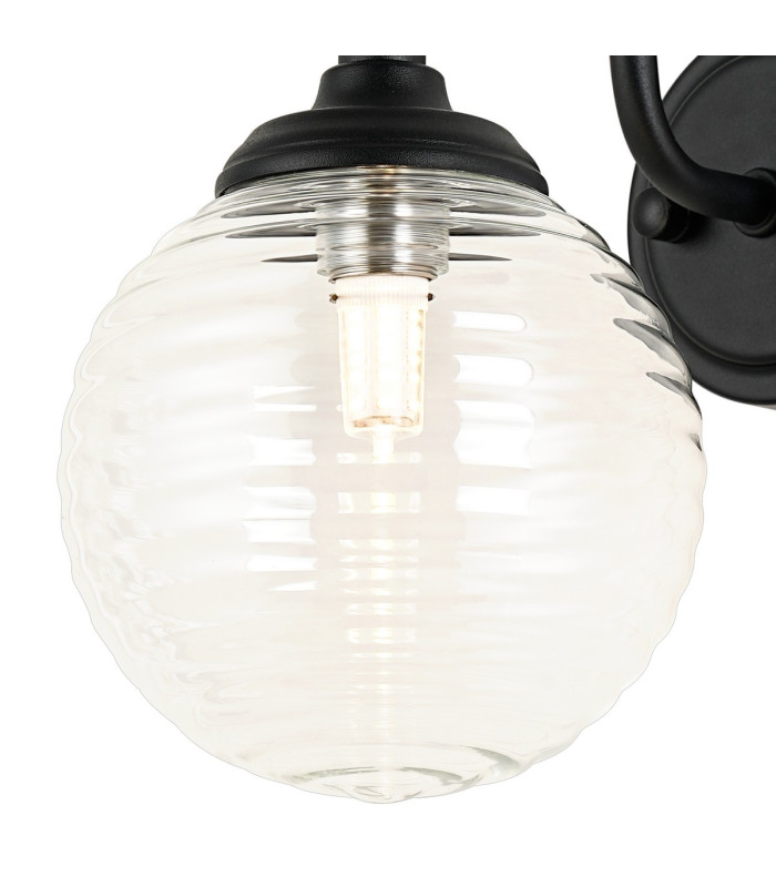 Richmond Curved Arm Wall Light 1 Light G9 IP44 Satin Black/Clear Ribbed Round Glass-5