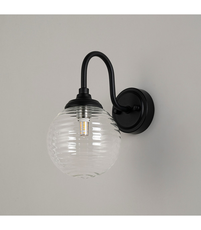 Richmond Curved Arm Wall Light 1 Light G9 IP44 Satin Black/Clear Ribbed Round Glass-7