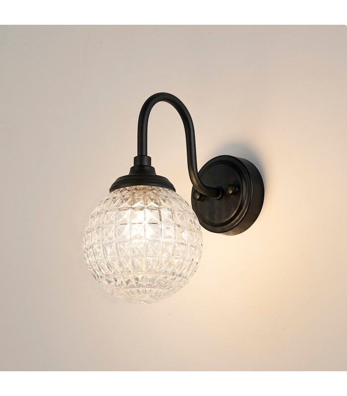 Richmond Curved Arm Wall Light 1 Light G9 IP44 Satin Black/Clear Cross Pattern Round Glass-3