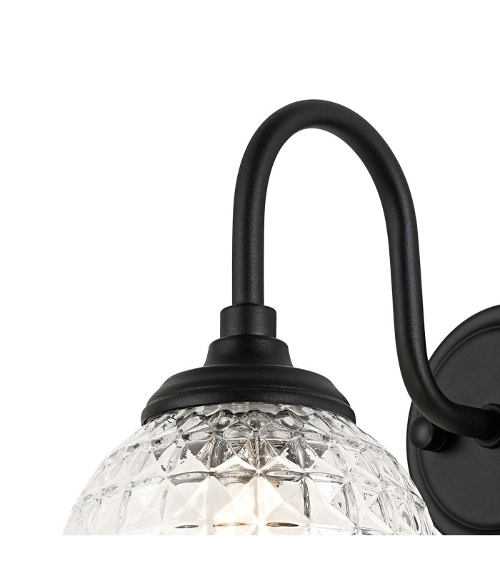 Richmond Curved Arm Wall Light 1 Light G9 IP44 Satin Black/Clear Cross Pattern Round Glass-6