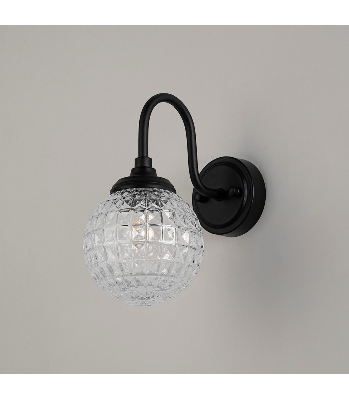Richmond Curved Arm Wall Light 1 Light G9 IP44 Satin Black/Clear Cross Pattern Round Glass-8