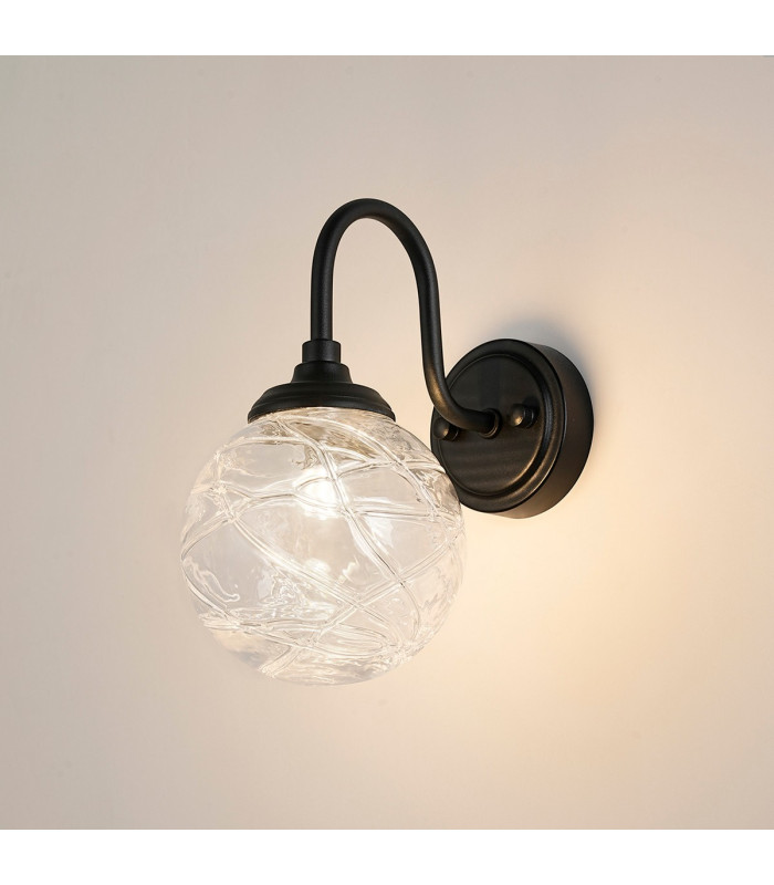 Richmond Curved Arm Wall Light 1 Light G9 IP44 Satin Black/Clear Dune Effect Round Glass-3
