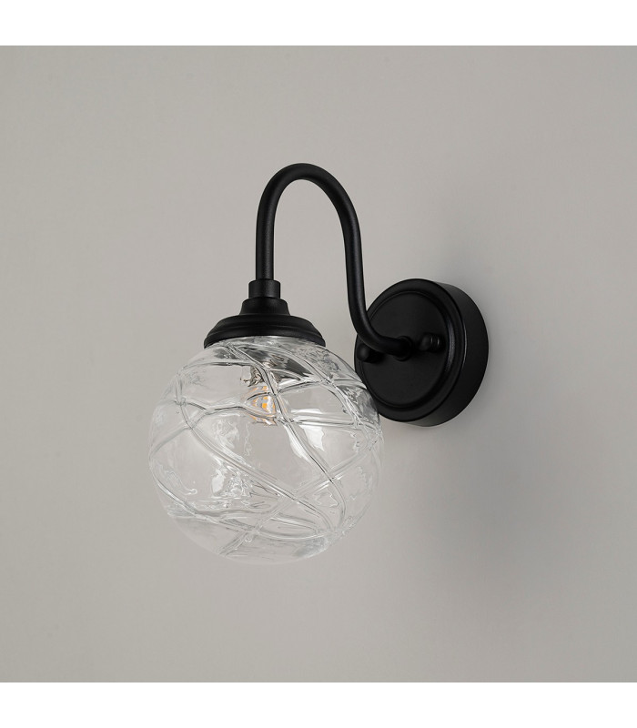 Richmond Curved Arm Wall Light 1 Light G9 IP44 Satin Black/Clear Dune Effect Round Glass-8