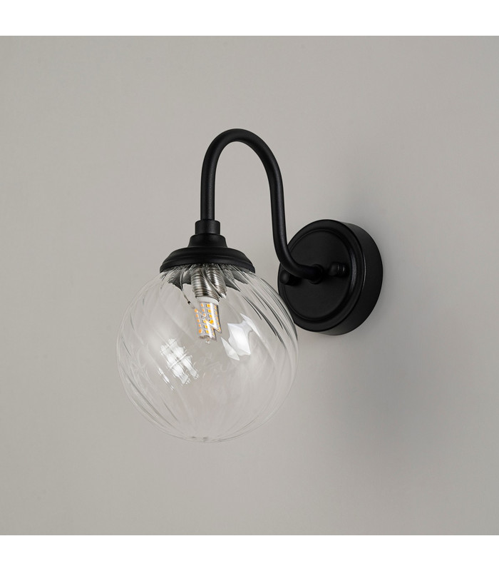 Richmond Curved Arm Wall Light 1 Light G9 IP44 Satin Black/Clear Swirl Round Glass-8