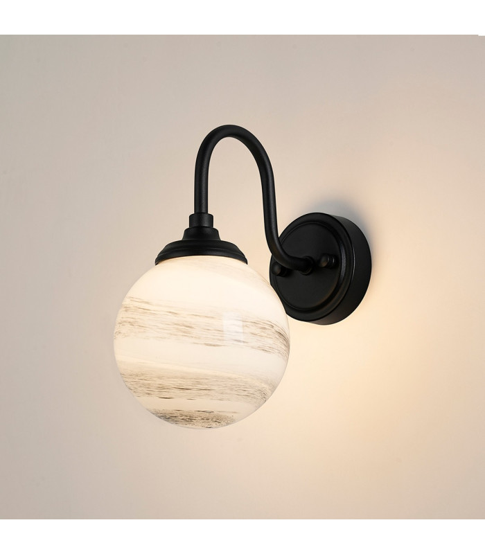 Richmond Curved Arm Wall Light 1 Light G9 IP44 Satin Black/Grey/White Round Marble Effect Glass-3