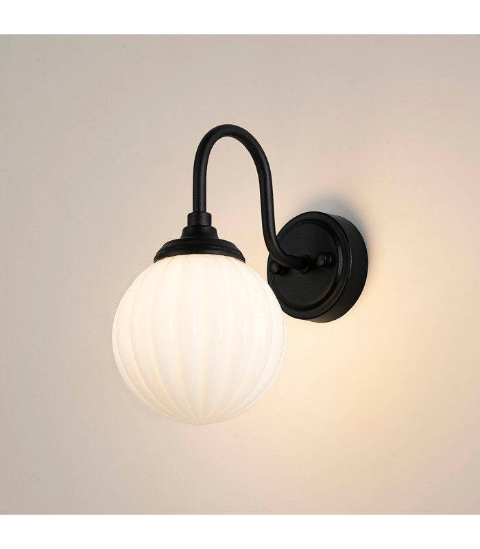 Richmond Curved Arm Wall Light 1 Light G9 IP44 Satin Black/Opal Round Segment Glass-3