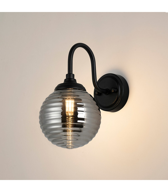Richmond Curved Arm Wall Light 1 Light G9 IP44 Satin Black/Smoke Ribbed Round Glass-3