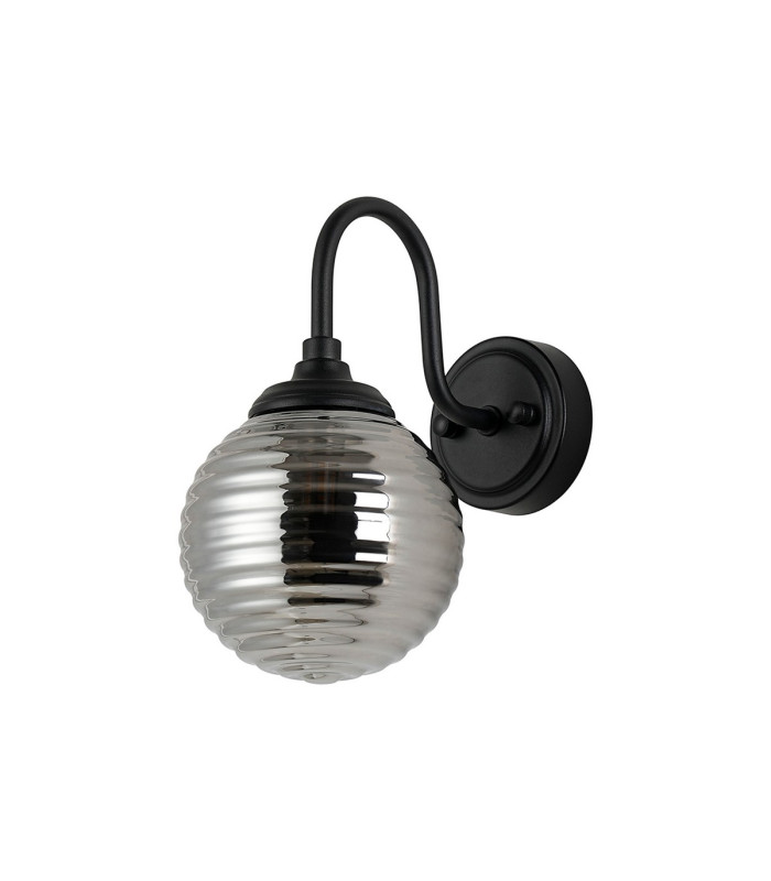 Richmond Curved Arm Wall Light 1 Light G9 IP44 Satin Black/Smoke Ribbed Round Glass-4