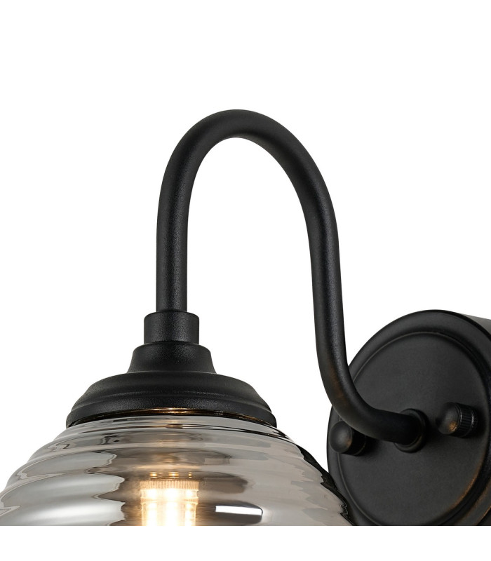 Richmond Curved Arm Wall Light 1 Light G9 IP44 Satin Black/Smoke Ribbed Round Glass-6