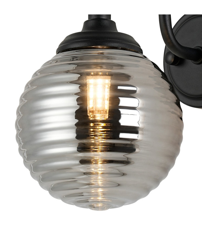 Richmond Curved Arm Wall Light 1 Light G9 IP44 Satin Black/Smoke Ribbed Round Glass-7