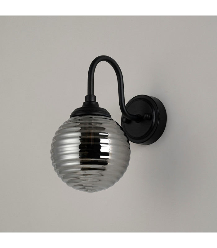 Richmond Curved Arm Wall Light 1 Light G9 IP44 Satin Black/Smoke Ribbed Round Glass-8
