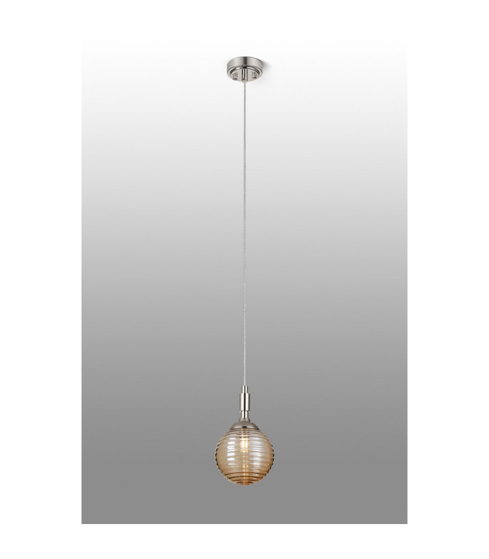 Richmond 12cm Pendant 1 Light G9 IP44 Polished Nickel/Amber Ribbed Round Glass-3