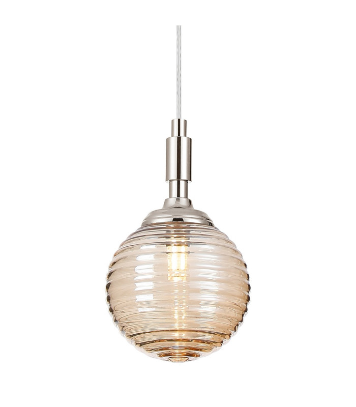 Richmond 12cm Pendant 1 Light G9 IP44 Polished Nickel/Amber Ribbed Round Glass-7