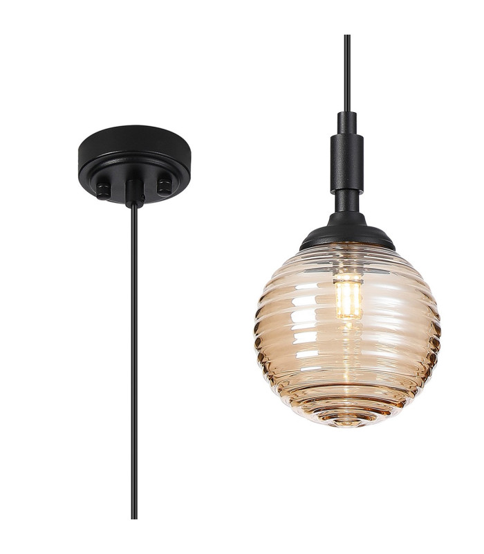 Richmond 12cm Pendant 1 Light G9 IP44 Satin Black/Amber Ribbed Round Glass-1