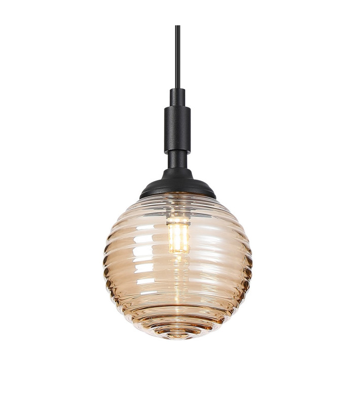 Richmond 12cm Pendant 1 Light G9 IP44 Satin Black/Amber Ribbed Round Glass-7