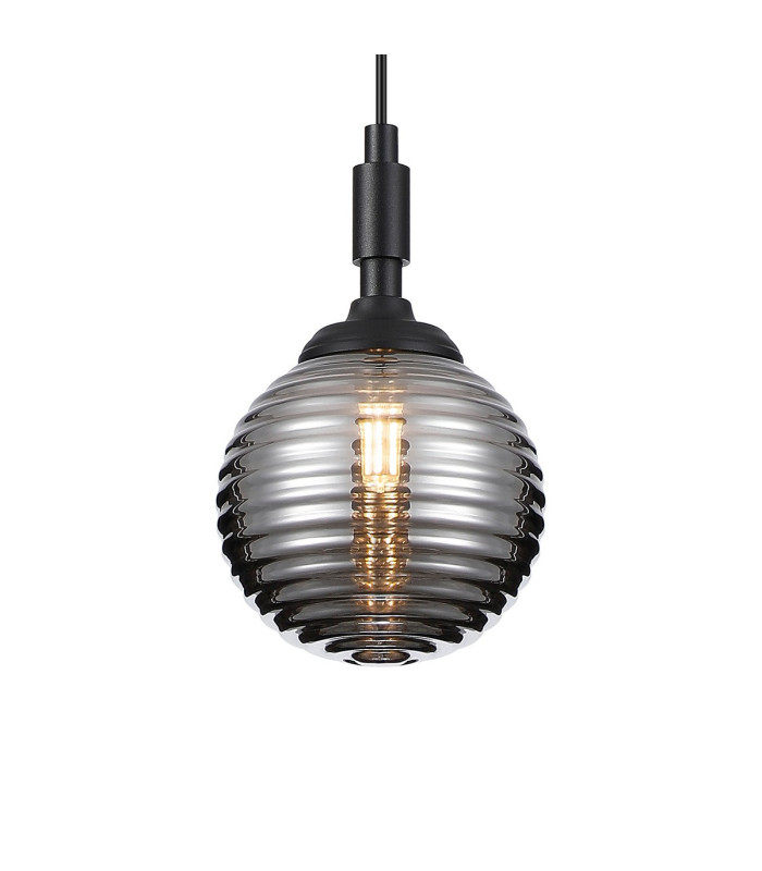 Richmond 12cm Pendant 1 Light G9 IP44 Satin Black/Smoke Ribbed Round Glass-7