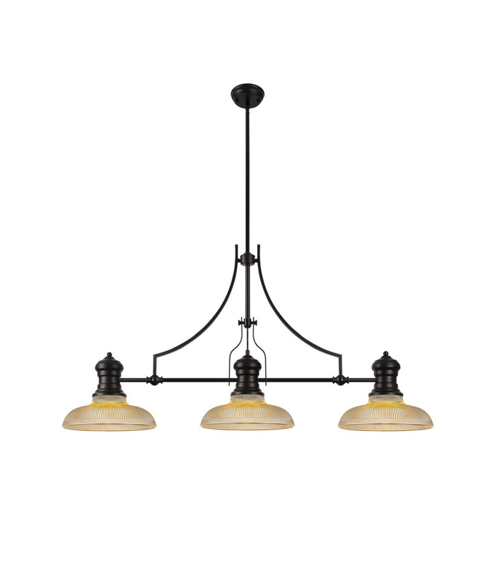 Cairo 3 Light Linear Multi Height Pendant E27 30cm Round Glass Shade Matt Black Amber-1