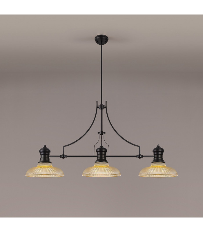 Cairo 3 Light Linear Multi Height Pendant E27 30cm Round Glass Shade Matt Black Amber-3