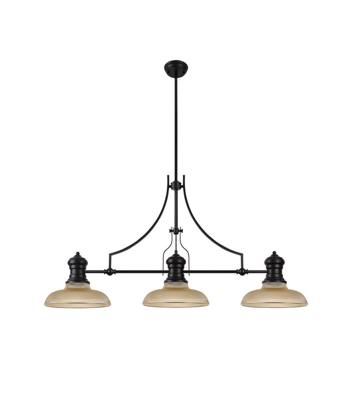 Cairo 3 Light Linear Multi Height Pendant E27 30cm Round Glass Shade Matt Black Amber-4