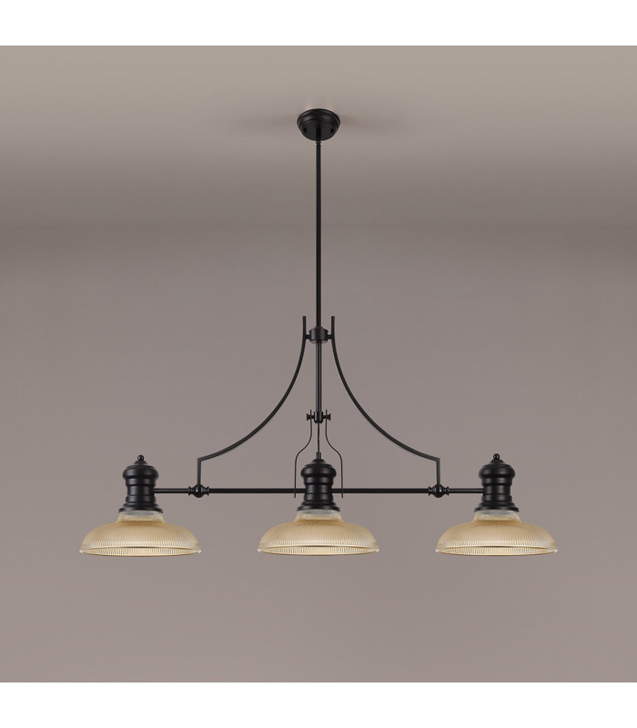 Cairo 3 Light Linear Multi Height Pendant E27 30cm Round Glass Shade Matt Black Amber-11
