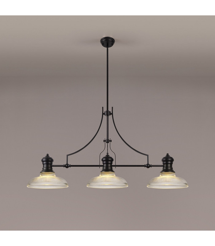 Cairo 3 Light Linear Multi Height Pendant E27 30cm Round Glass Shade Matt Black Clear-3