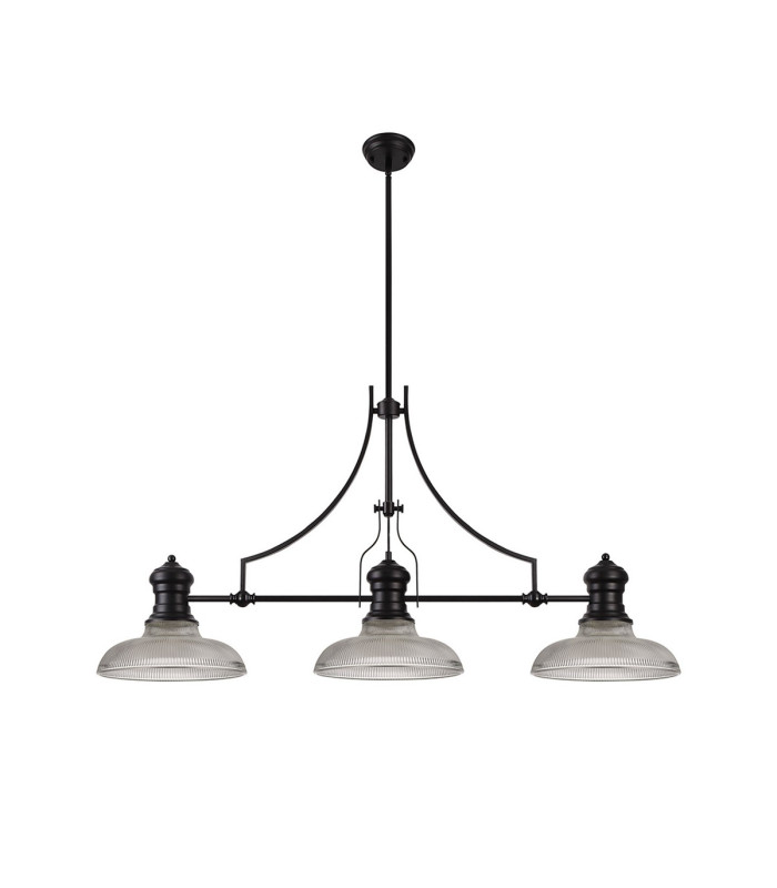 Cairo 3 Light Linear Multi Height Pendant E27 30cm Round Glass Shade Matt Black Clear-4