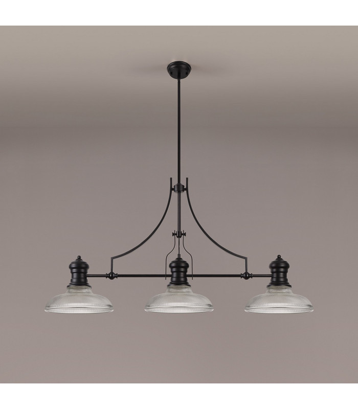 Cairo 3 Light Linear Multi Height Pendant E27 30cm Round Glass Shade Matt Black Clear-11