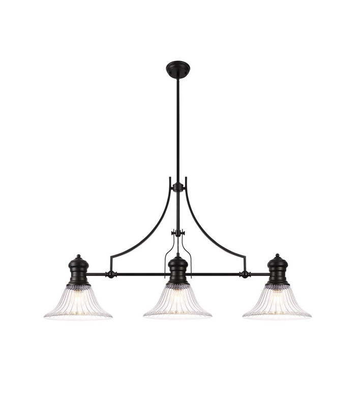Cairo 3 Light Linear Multi Height Pendant E27 30cm Bell Glass Shade Matt Black Clear-1