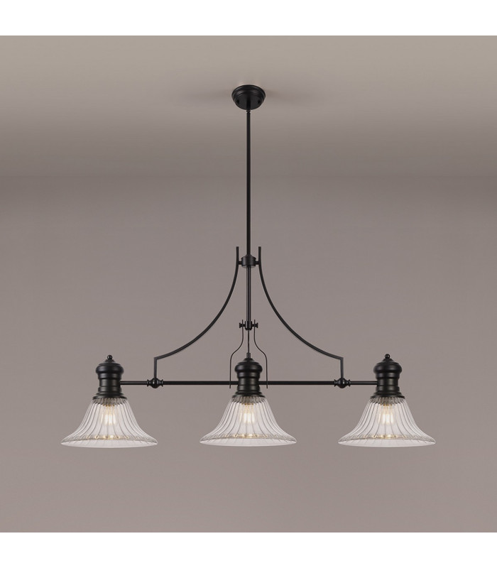 Cairo 3 Light Linear Multi Height Pendant E27 30cm Bell Glass Shade Matt Black Clear-3