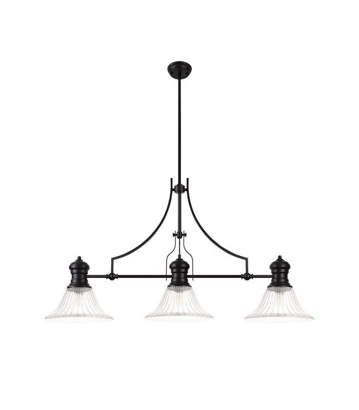 Cairo 3 Light Linear Multi Height Pendant E27 30cm Bell Glass Shade Matt Black Clear-4
