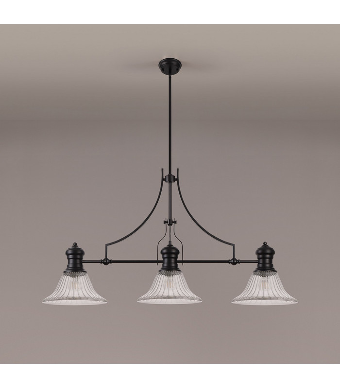 Cairo 3 Light Linear Multi Height Pendant E27 30cm Bell Glass Shade Matt Black Clear-11