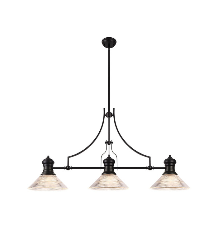 Cairo 3 Light Linear Multi Height Pendant E27 30cm Cone Glass Shade Matt Black Clear-1